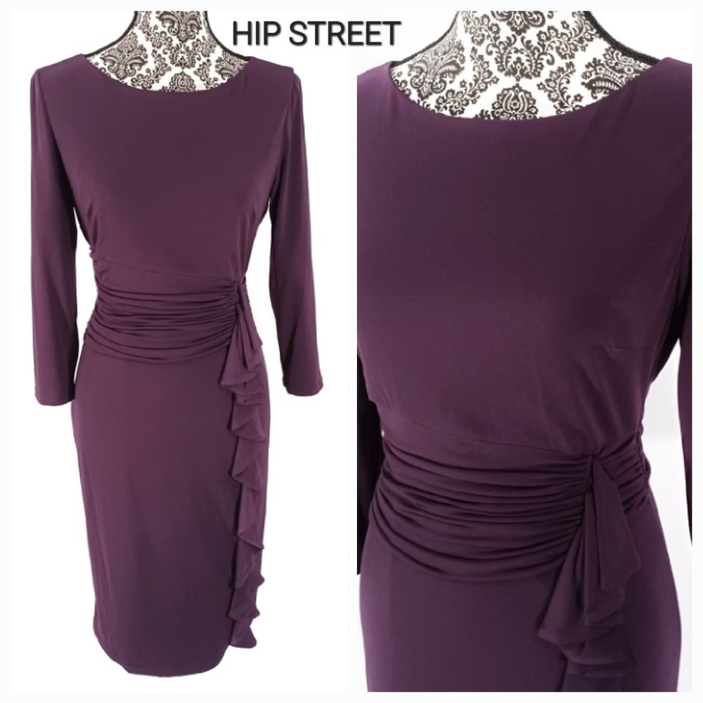 JESSICA HOWARD Asymmetric Ruche Waist Cascade Ruffle Scoop Neck Stretch Dress 10